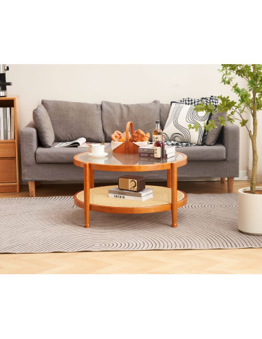 Mesa Centro Gijón - Vidrio Templado y Madera de Caucho