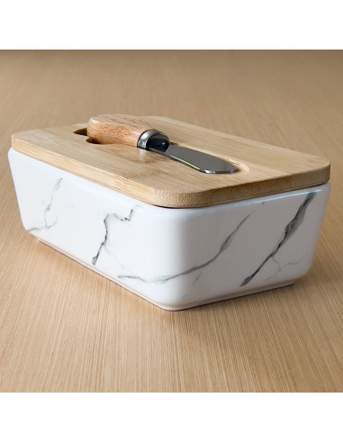 Mantequillero con Cuchillo de Bambú y Mármol - Elegante y Práctico