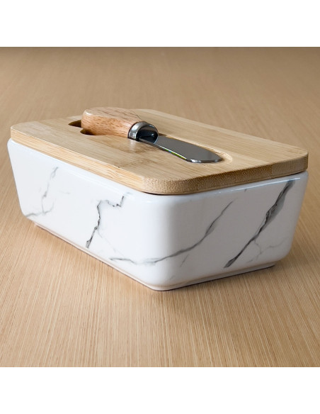 Mantequillero con Cuchillo de Bambú y Mármol - Elegante y Práctico