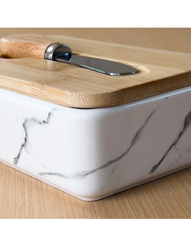 Mantequillero con Cuchillo de Bambú y Mármol - Elegante y Práctico