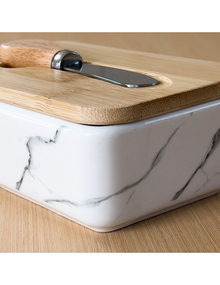 Mantequillero con Cuchillo de Bambú y Mármol - Elegante y Práctico