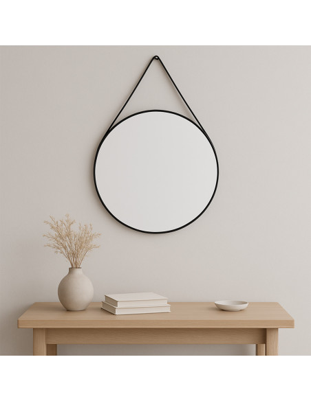 Espejo Redondo 60cm con Correa Negra - Decoración Moderna