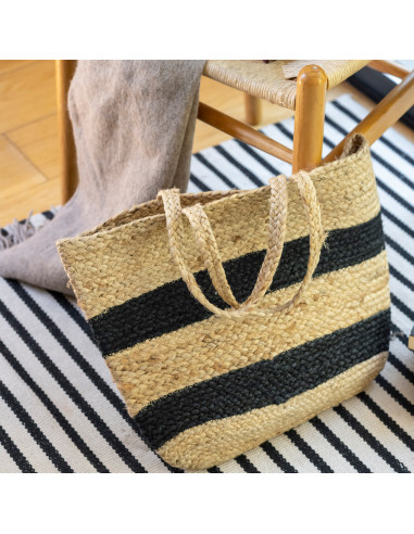 Bolso de Yute con Franjas Negras 48x38cm - Elegante y Práctico