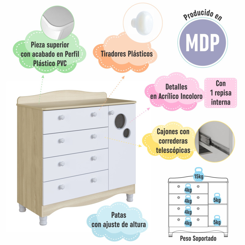 Cómoda Encanto 4 Cajones 1 Puerta - Mueble Infantil Versátil