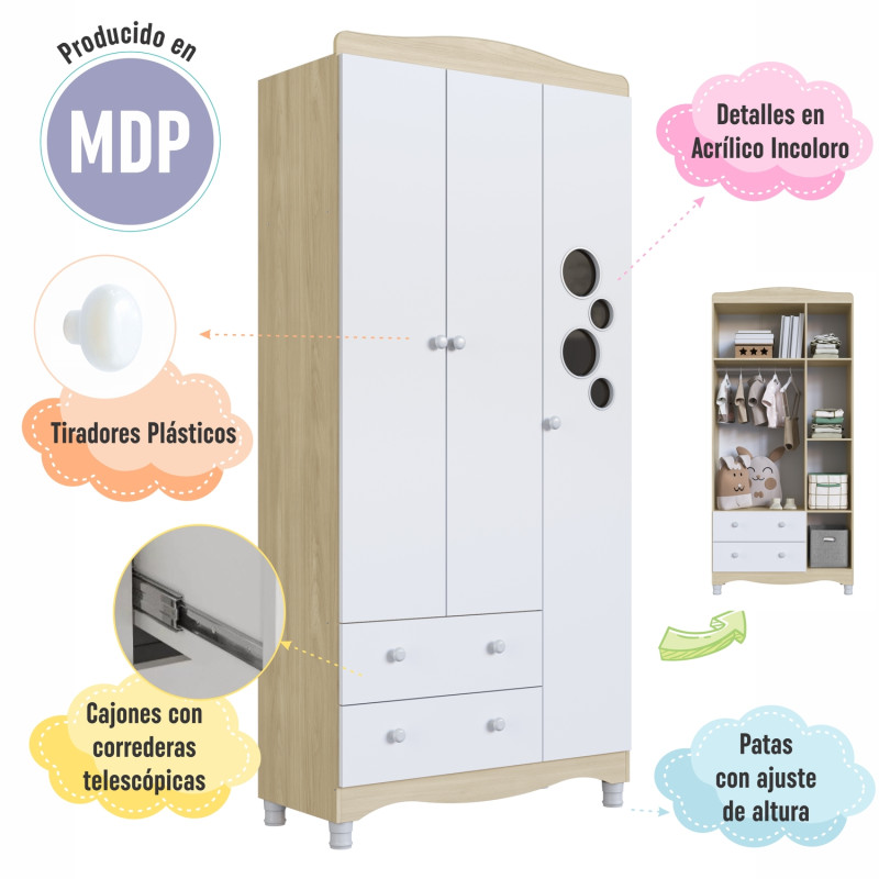 Closet Encanto 3 Puertas 2 Cajones - Organiza la Habitación