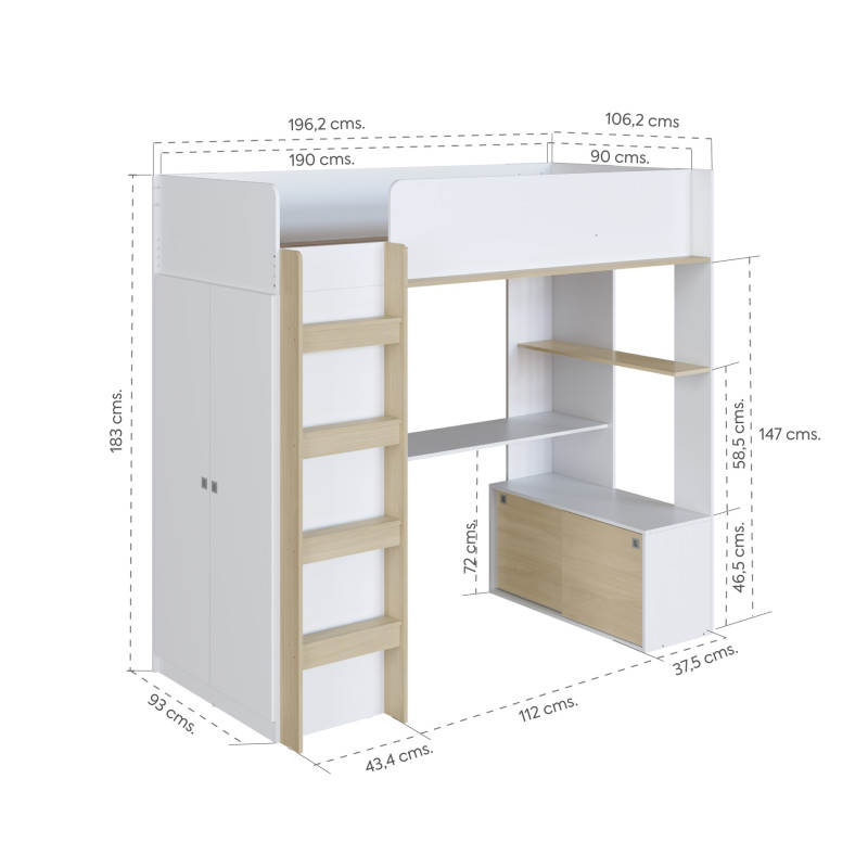 Cama Elevada Multifuncional 1 Plaza 190x90cm - Dormitorio