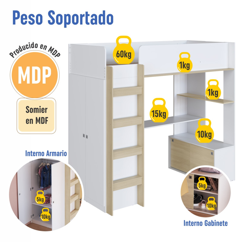 Cama Elevada Multifuncional 1 Plaza 190x90cm - Dormitorio