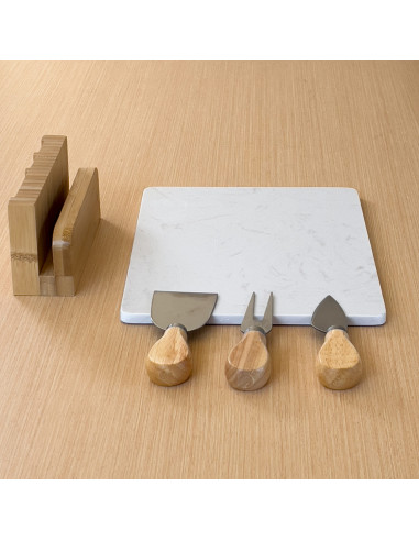 Tabla Con Utensilios Queso Bambú Mármol 25x20cm - Elegante y Funcional