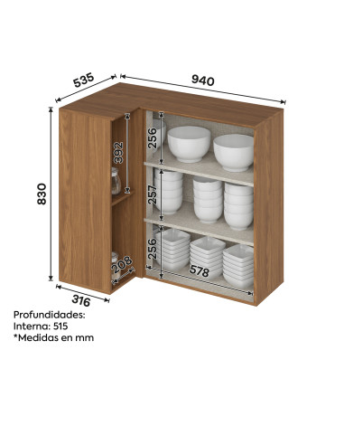 Aéreo Esquinero Requinte 94cm - Mueble de Cocina Esquinero