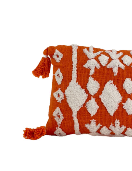 Cojín 30x50cm naranjo/blanco con borlas