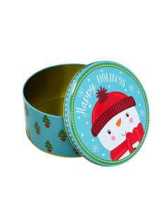 Caja lata navidad redonda pascuero celeste 17cm