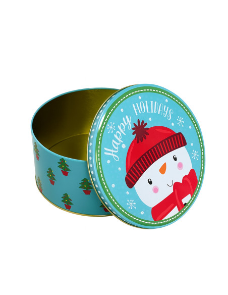 Caja lata navidad redonda pascuero celeste 17cm