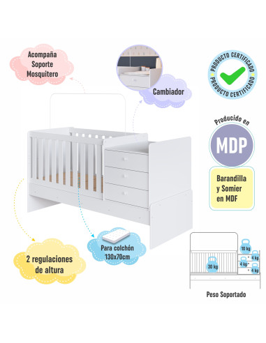Cama Cuna Multifuncional Blanco - Elegante y Funcional