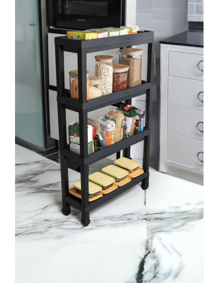 Carro plástico negro 4 niveles 37x24,5x92,3cm