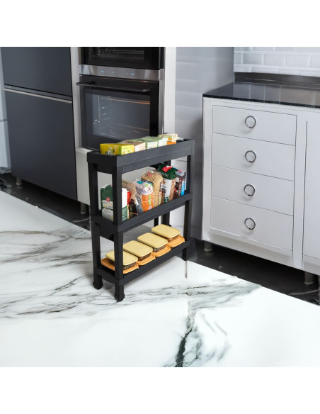 Carro plástico negro 3 niveles 37x24,5x65,7cm