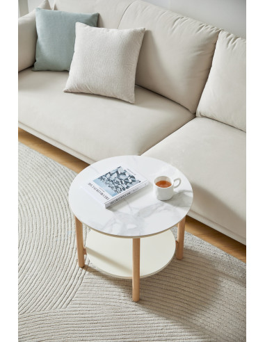 Mesa Lateral Hera 57x48 cm Piedra Sinterizada Madera Caucho