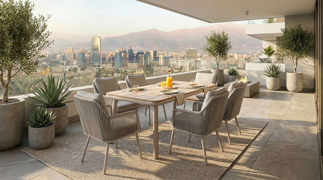 Terraza al aire libre con comedor exterior y quitasol