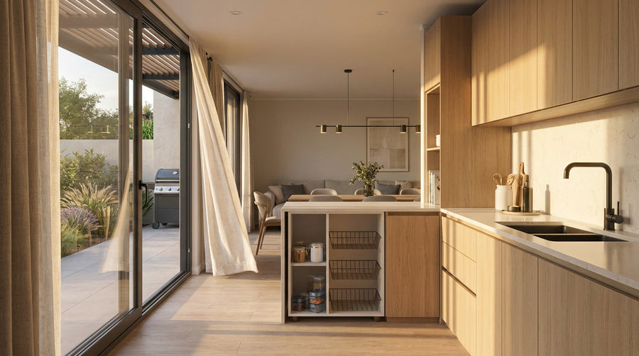 Cocina con utensilios a la vista, iluminación cálida y muebles modulares