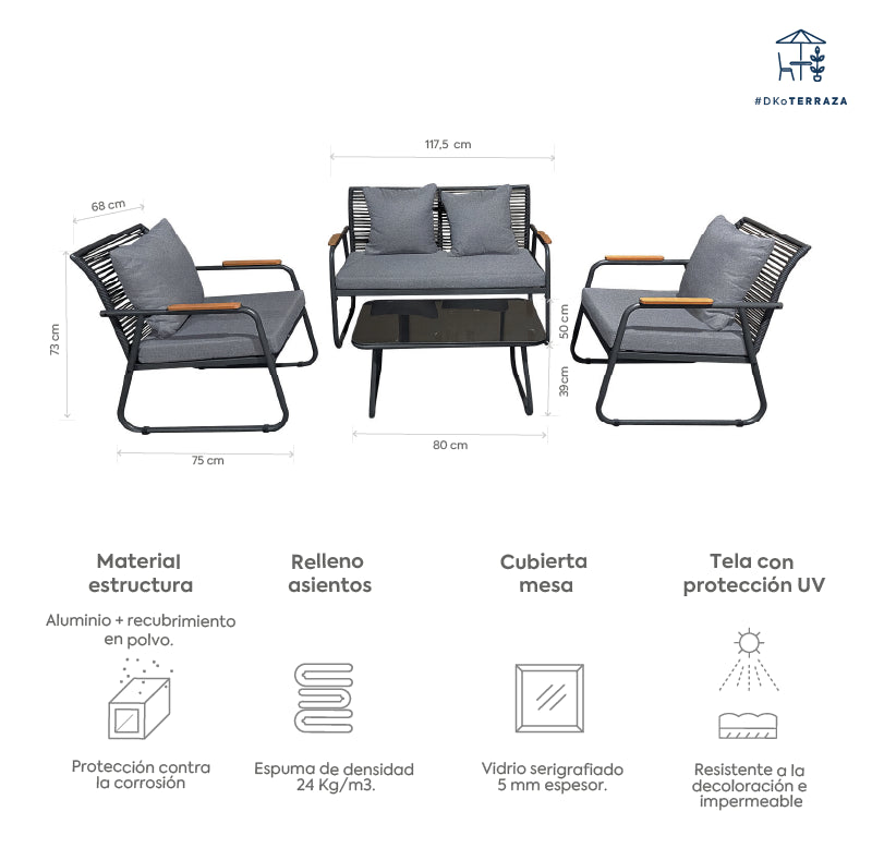 Juego living terraza Macos 2-1-1 gris