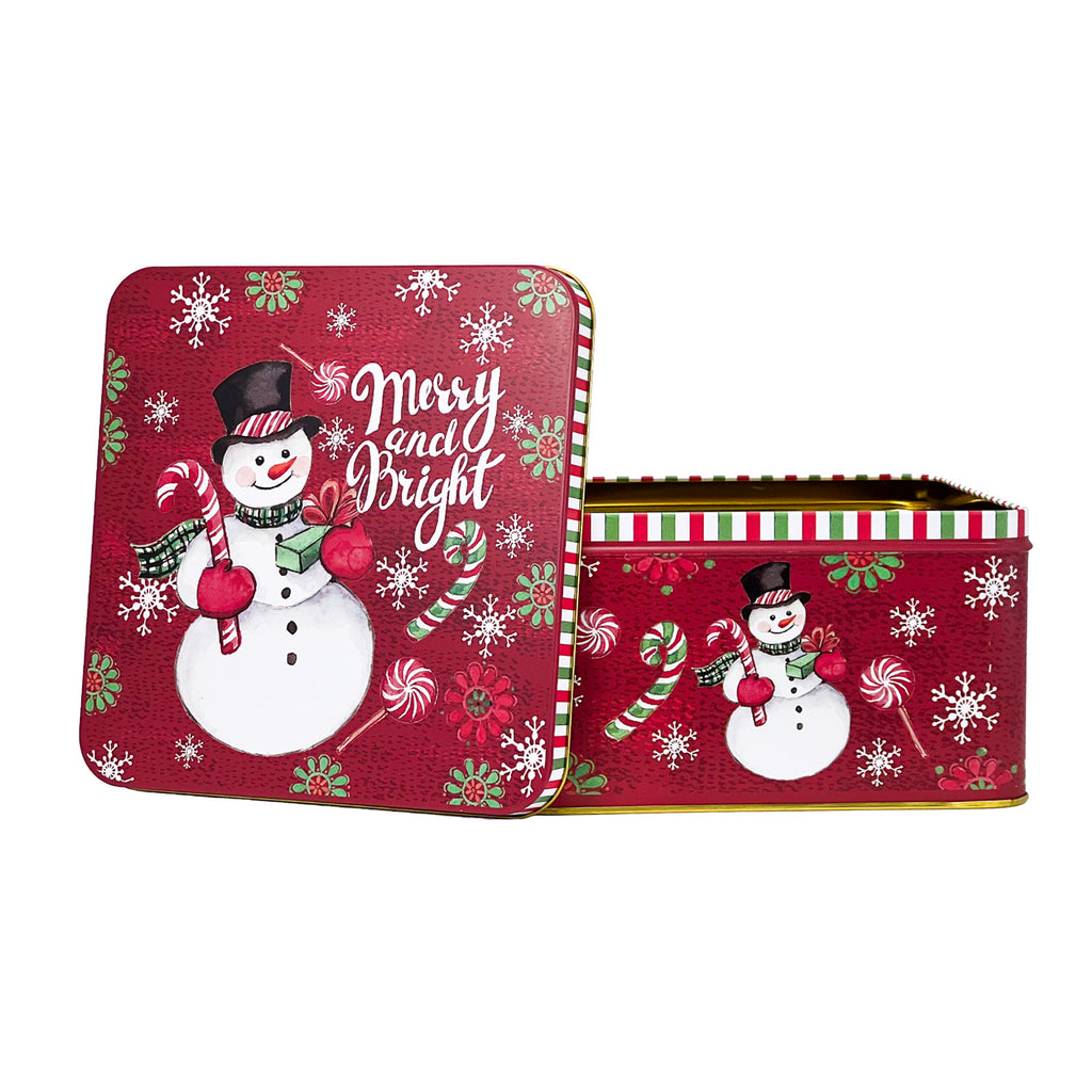 Caja lata navidad cuadrada 17,9x10,1cm mono nieve rojo