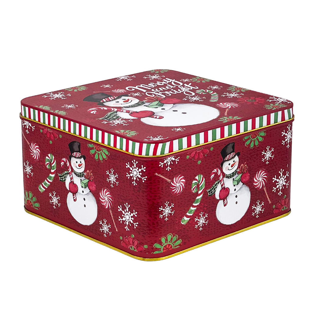 Caja lata navidad cuadrada 17,9x10,1cm mono nieve rojo