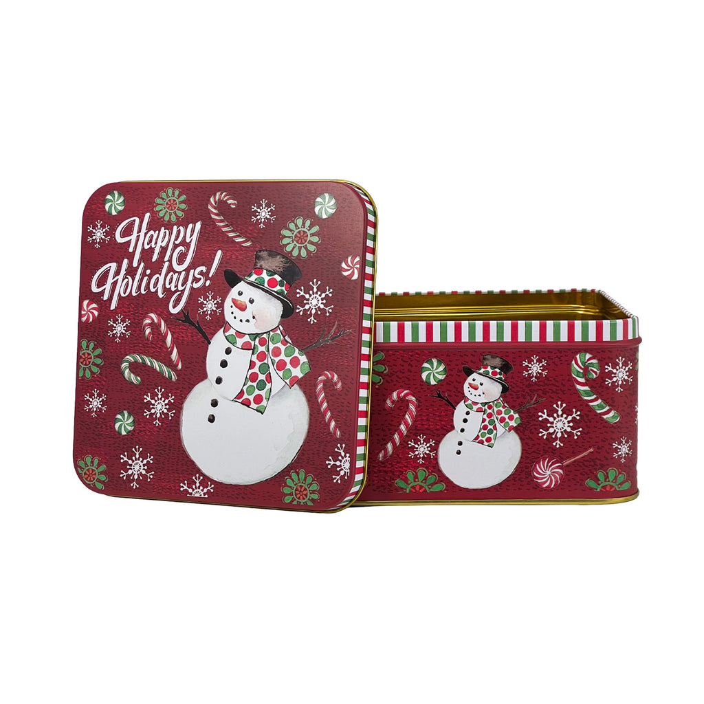 Caja lata navidad cuadrada 15,2x8,9cm mono nieve rojo