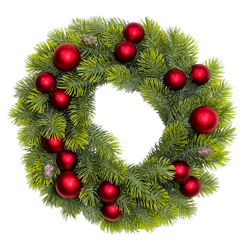Corona navidad 40cm bolas rojas flores