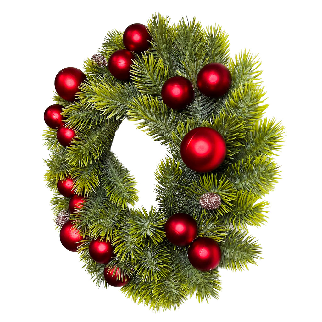 Corona navidad 40cm bolas rojas flores