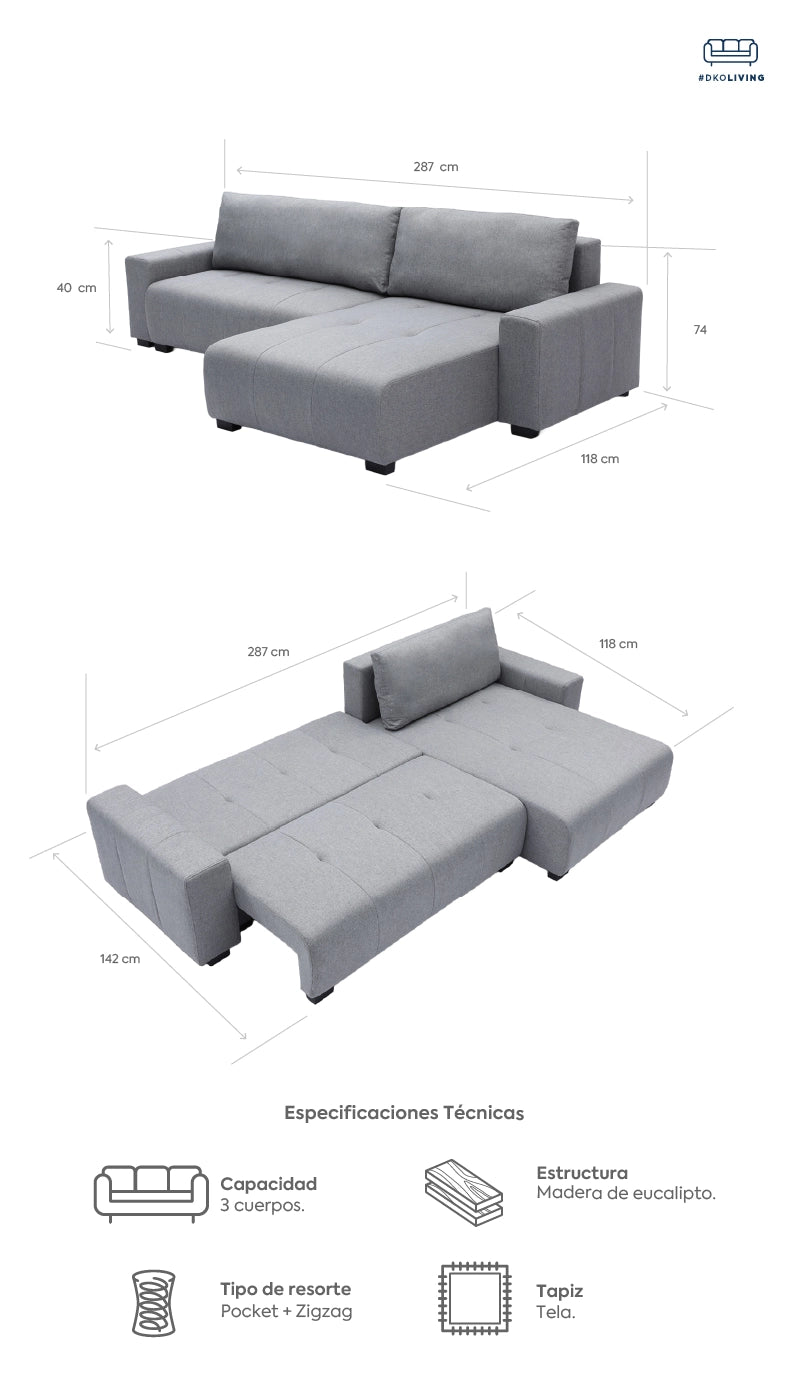 Sofa cama reversible seccional Essen gris claro