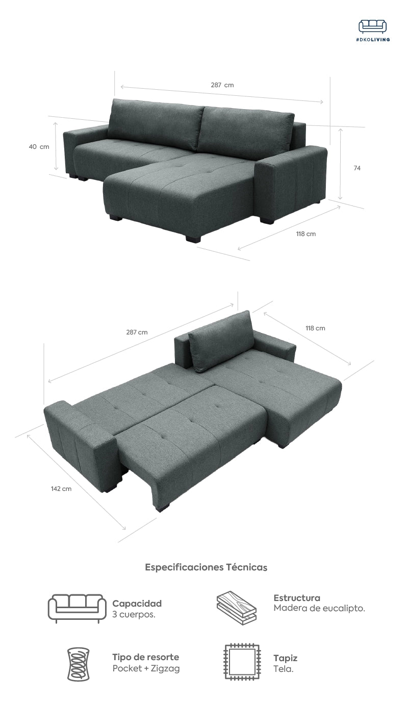 Sofá cama reversible seccional Essen gris oscuro