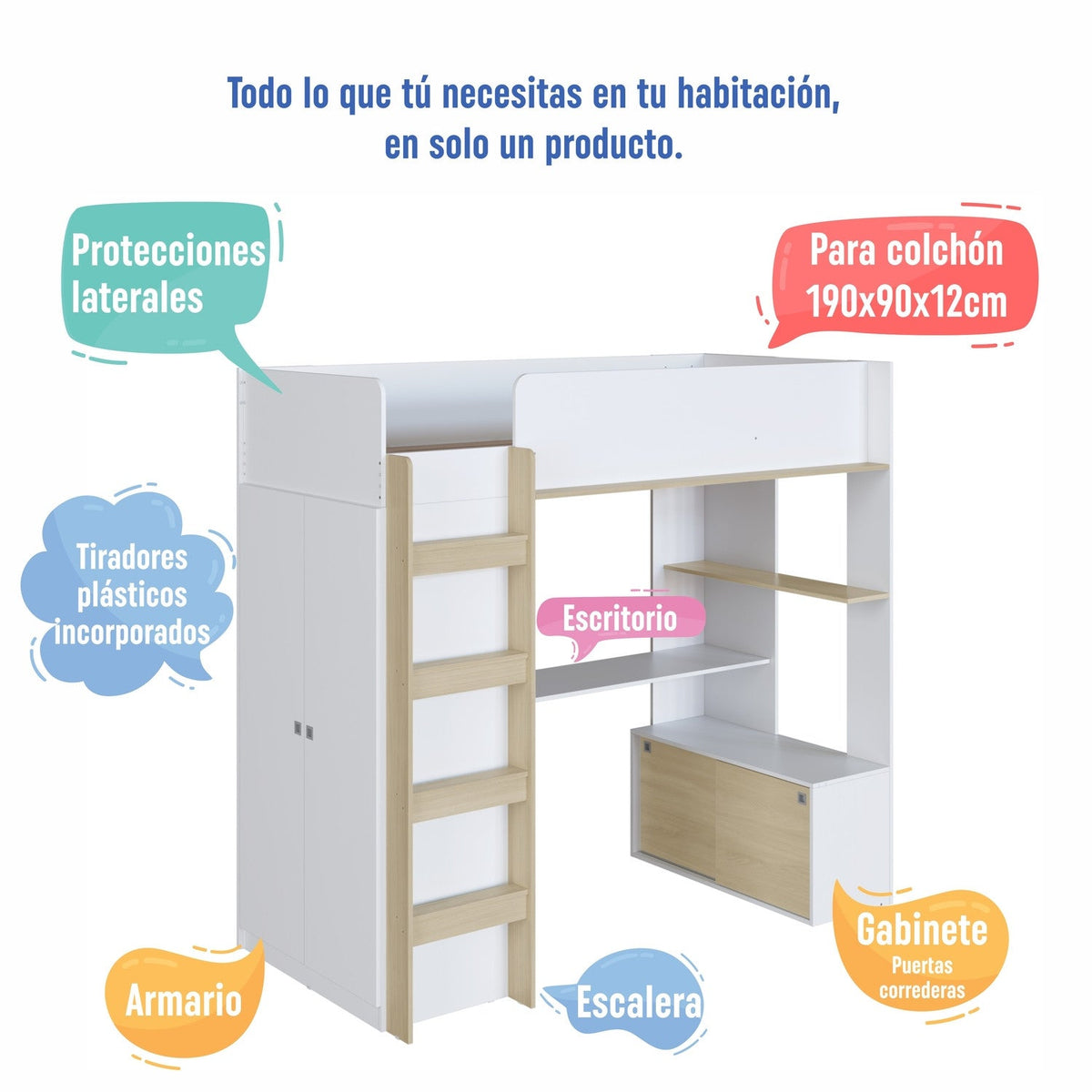 Cama Elevada Multifuncional 1 plaza 190x90cm