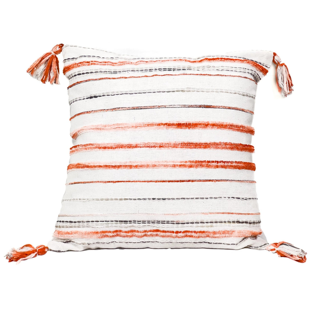 Cojín 45x45cm tejido bicolor naranjo con borlas
