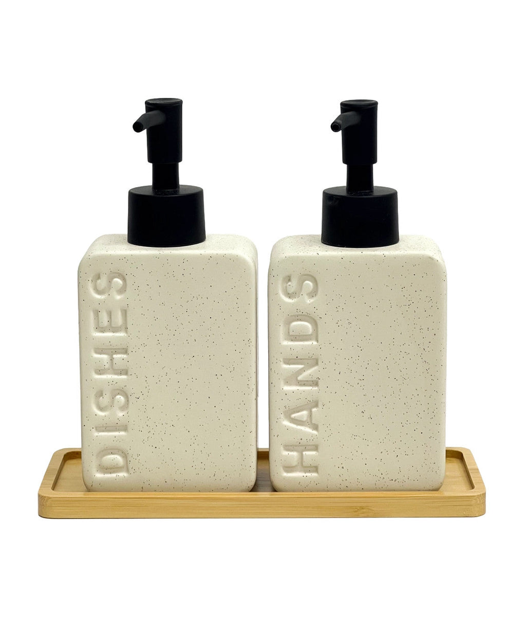 Dispensadores cerámica jabón-detergente beige bandeja bambu