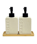 Dispensadores cerámica jabón-detergente beige bandeja bambu
