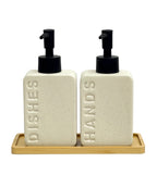 Dispensadores cerámica jabón-detergente beige bandeja bambu