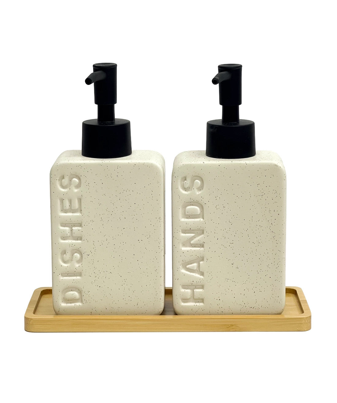 Dispensadores cerámica jabón-detergente beige bandeja bambu