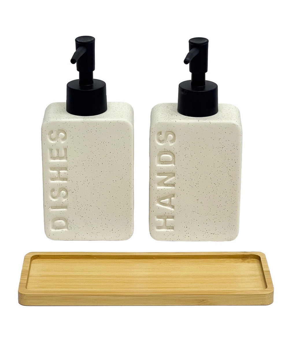 Dispensadores cerámica jabón-detergente beige bandeja bambu