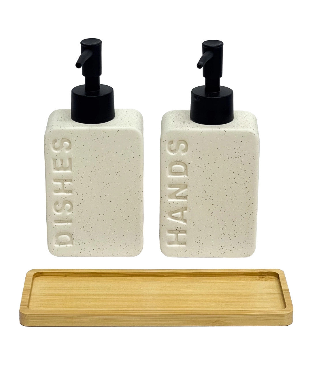 Dispensadores cerámica jabón-detergente beige bandeja bambu