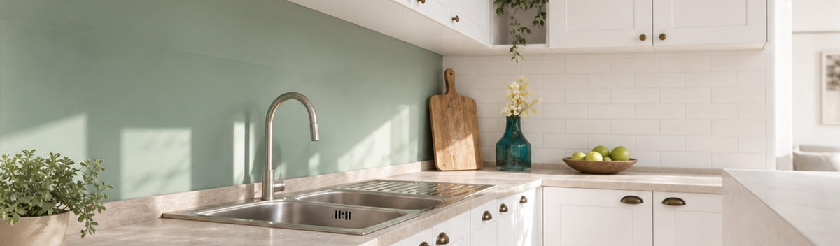 Cocina blanca con muro verde salvia, encimera de marmol y accesorios de cocina