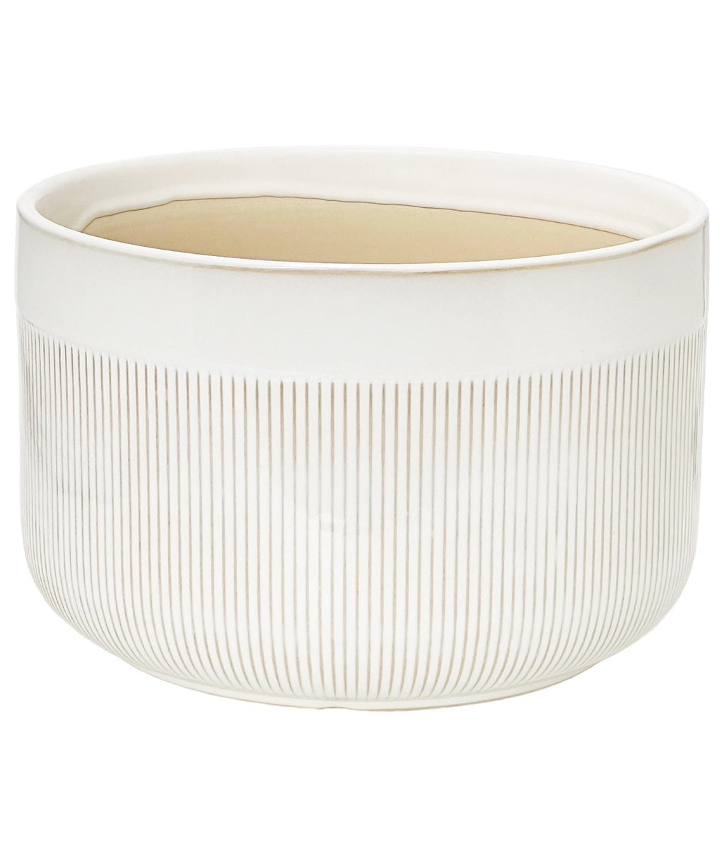 Macetero cerámica 25x16cm blanco glossy rayas