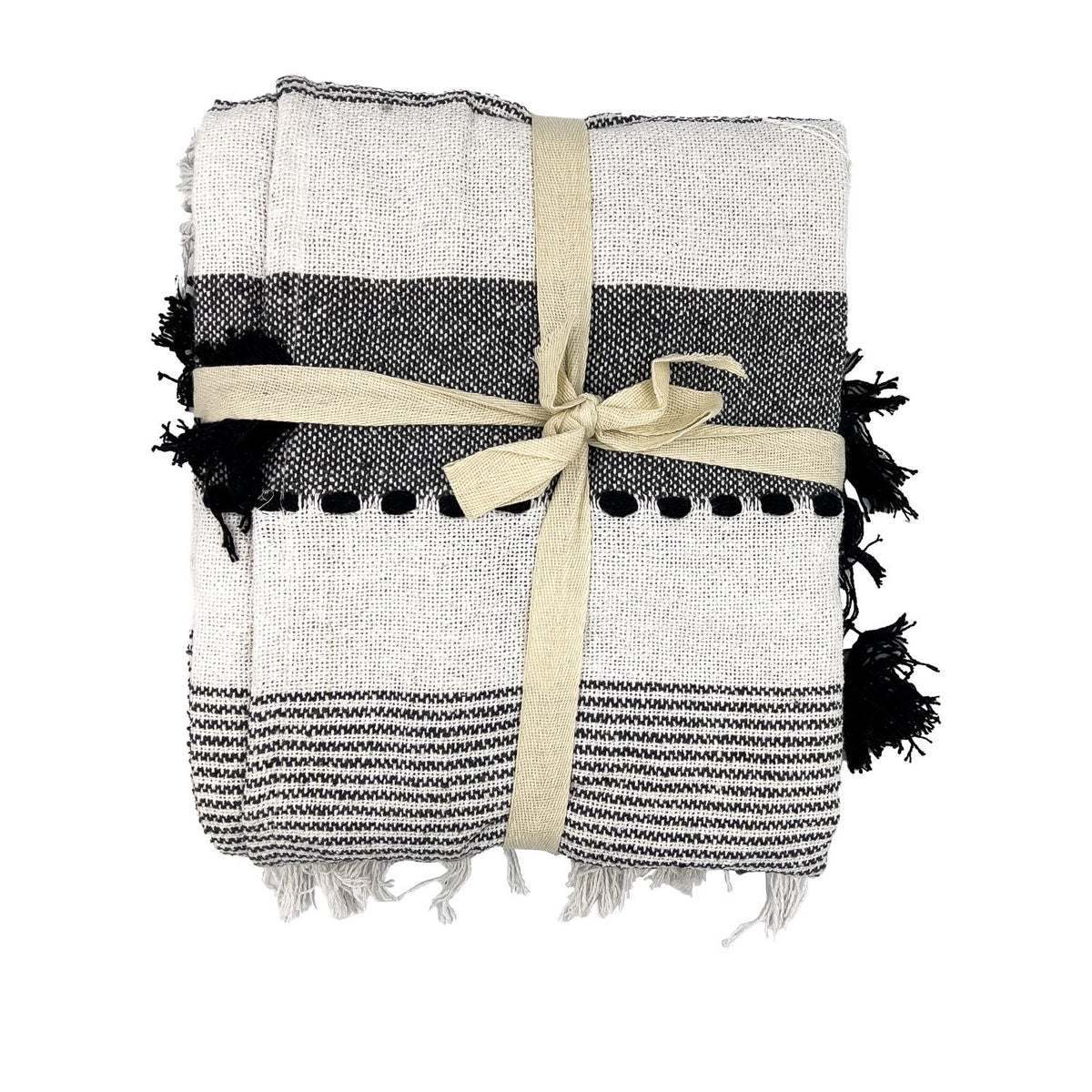 Manta 130x170cm boho pompones negros