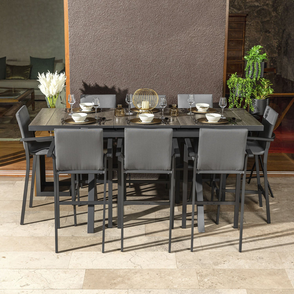 Mesa bar terraza extensible Lucca gris 8 puestos