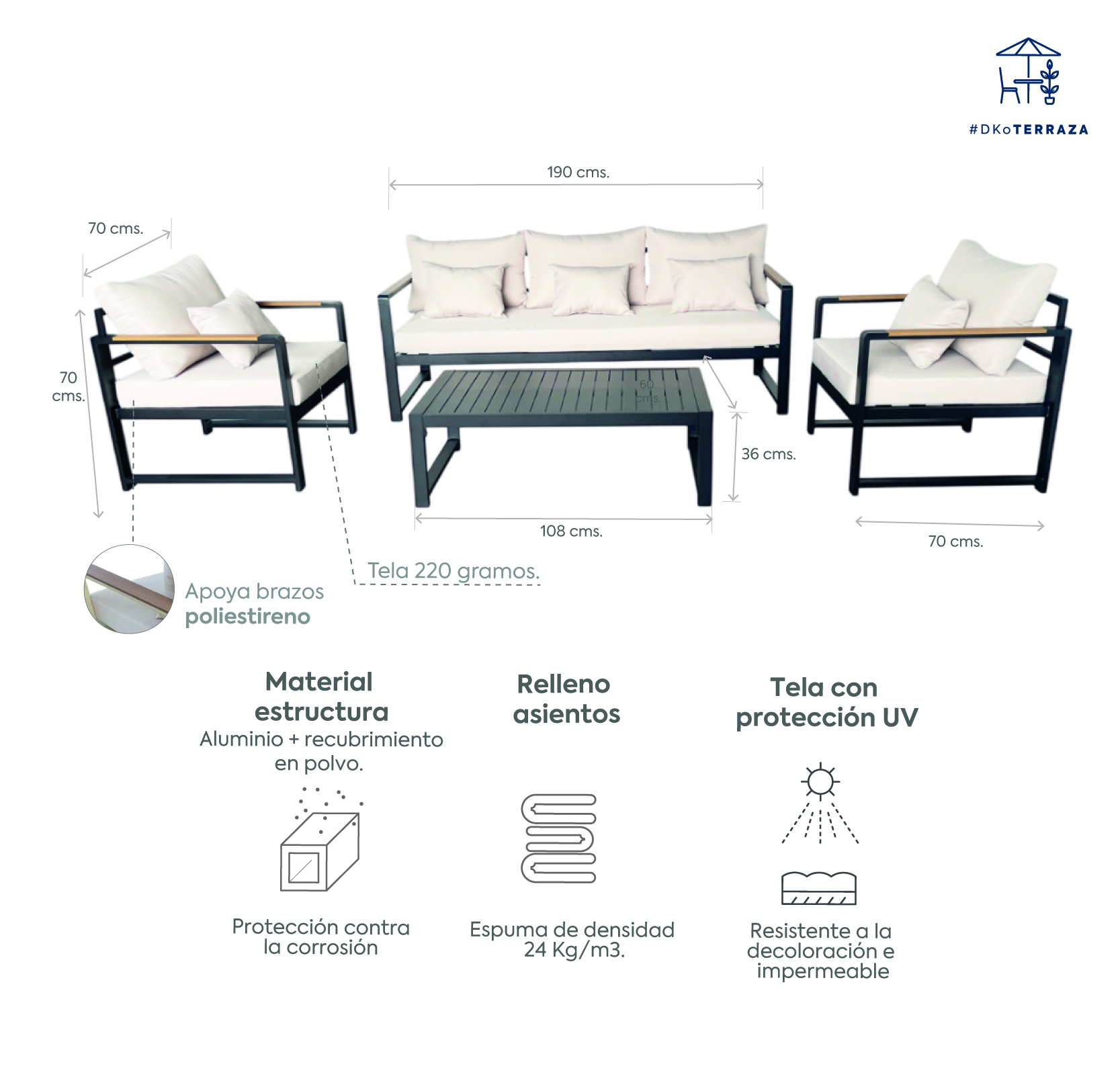 Juego living terraza Mykonos 3-1-1 negro