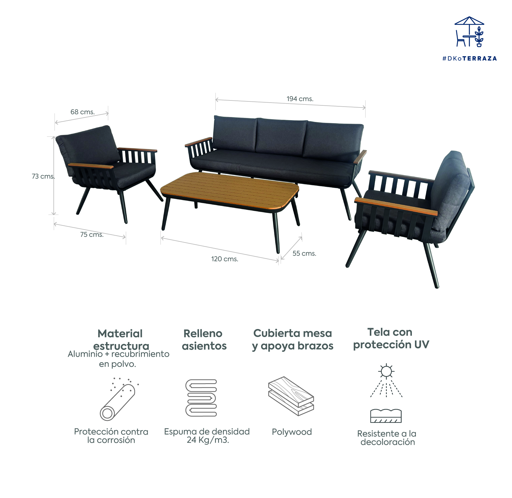 Juego living terraza Lorenzo 3-1-1 gris