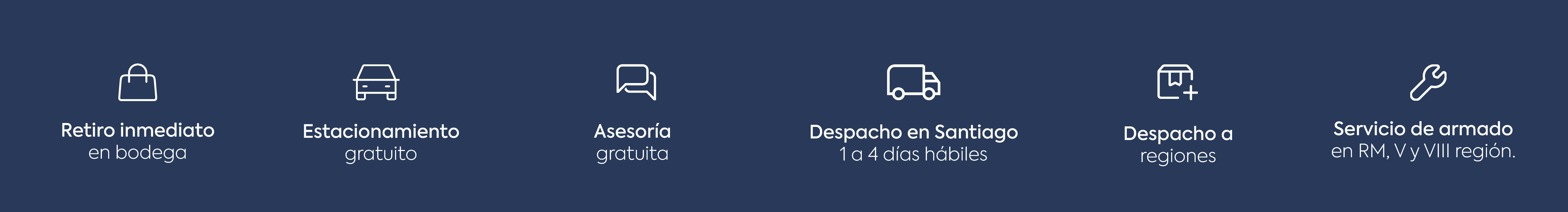 Retiro inmediato, Estacionamiento gratuito, Asesoría, Despachos y armado